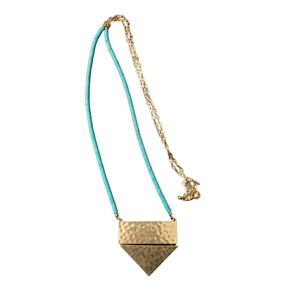 Teal Wooden Bead Necklace Hammered Gold Colored Charm